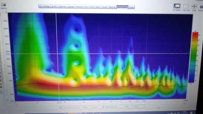 Spectogramm beide Subs zusammen AW17 + AW12, gemessem am Hörplatz, nach PEQ und Dirac Behandlung